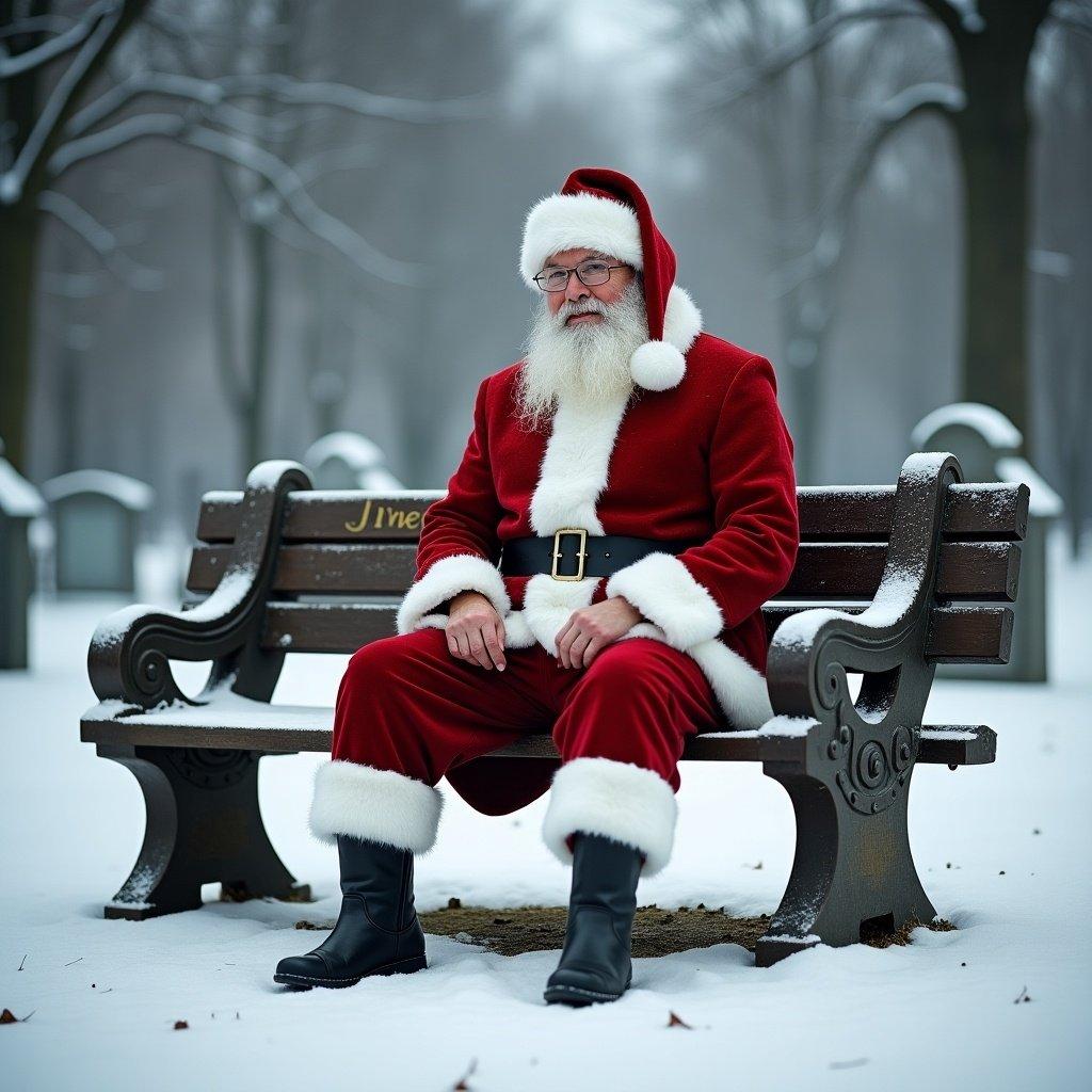 Santa Claus in a red costume sits on a bench covered in snow. Cemetery setting. Name James engraved on the bench. A boy spirit is subtly suggested.