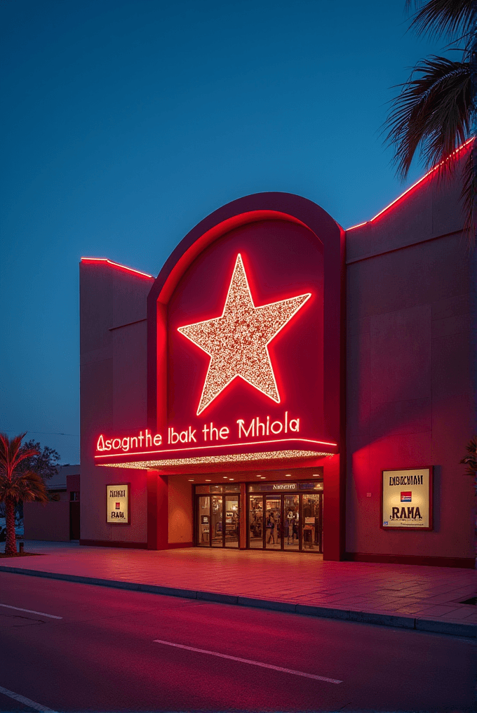 A building with a large glowing star and red neon lights at dusk.