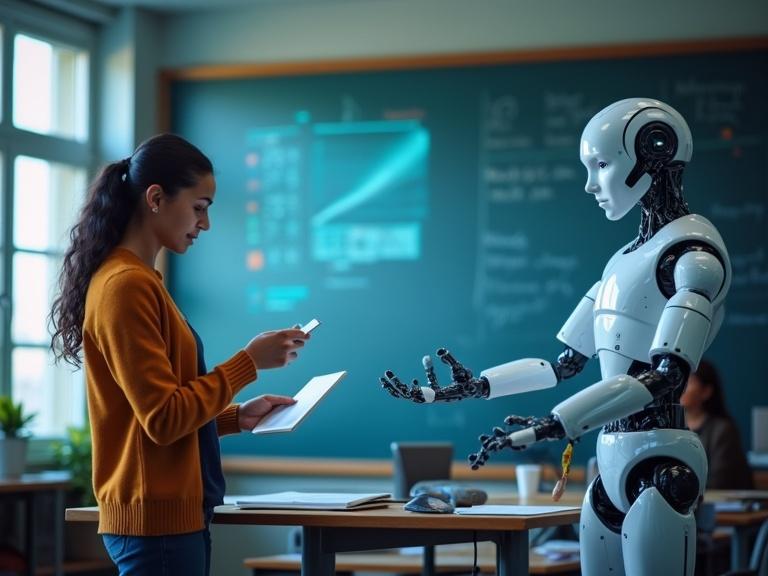 Teacher interacts with a humanoid robot in classroom environment. The robot appears to assist with educational tasks. Brightly lit room with blackboards.