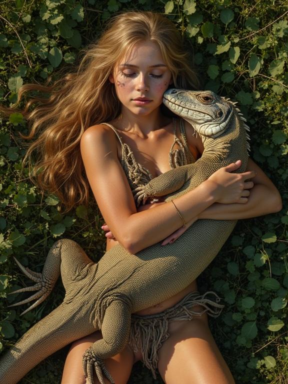 Full body blonde girl with tanned skin lying on her back on a meadow hugging a lizard. She wears a loincloth. The scene captures a top view perspective.