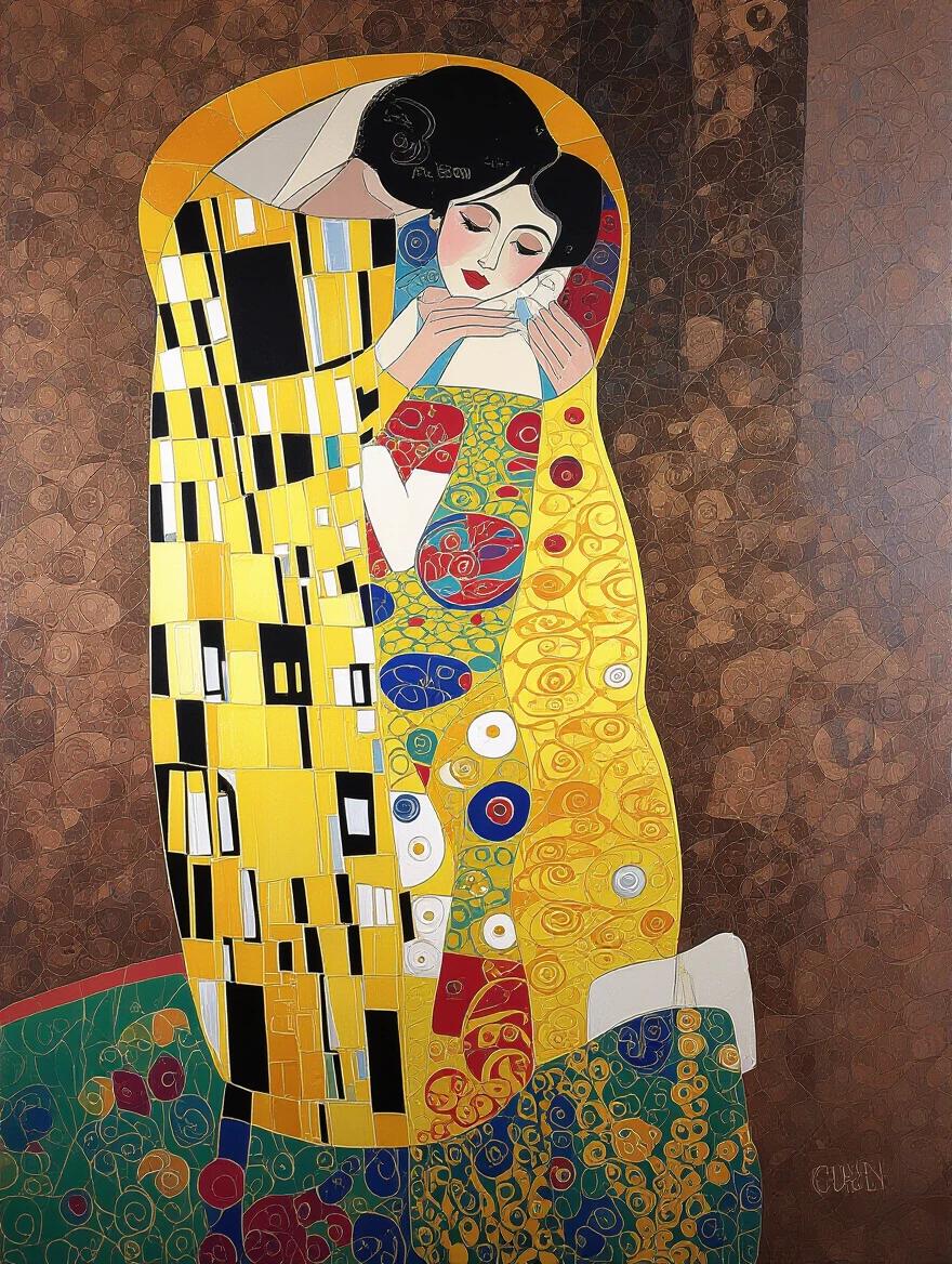 Stylized embrace of two figures. Use of bright luminous colors. A sense of depth and texture with thick applications of paint. Beautiful composition showcasing emotion.