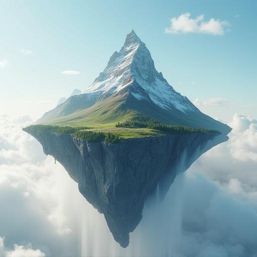 A mountain suspended in the air with lush greenery on top, surrounded by clouds and a clear blue sky.