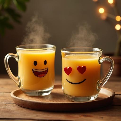 Imagen de tazas de té orgánico con emoticones felices en fondo desenfocado sobre mesa de cocina. Iluminación cálida y suave.