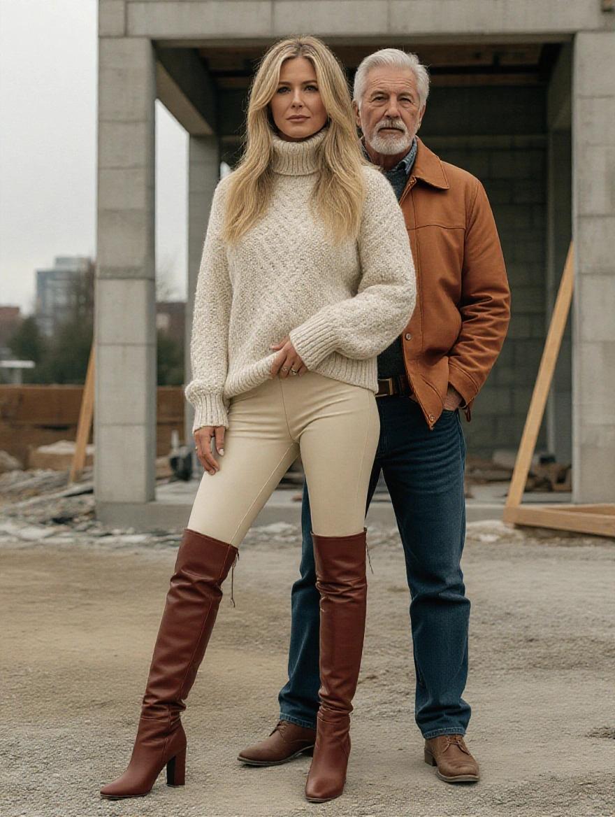 Photo realistic image of model with slightly fuller features wearing cream leather spanx leggings brown high heeled leather over the knee boots cashmere jumper styled with French tuck. Full height model at construction site with older gentleman behind her hands on her hips.