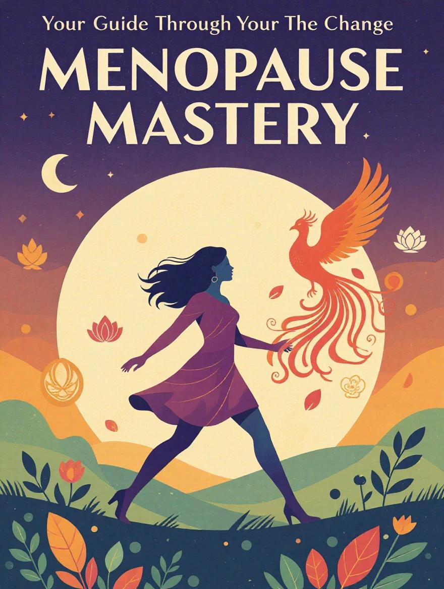 Cover for book titled 'Menopause Mastery'. Features a strong woman with flowing hair blending into leaves. Subtle phoenix silhouette in the background. Warm sunrise colors. Abstract icons like moon and lotus. Modern bold typography with textured accents. Uplifting and empowering mood about menopause.