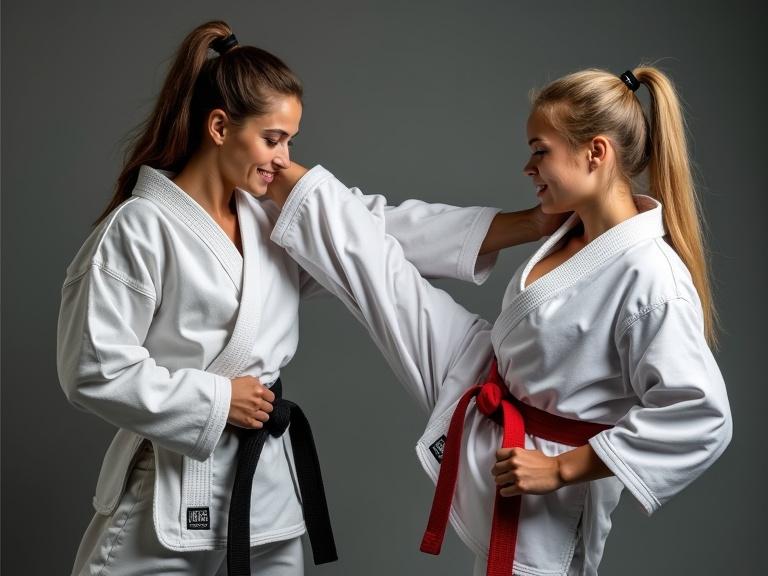 Two female karate fighters engage in combat. One fighter performs a high kick aimed at her opponent's head. Both wear traditional karate gis. The setting features a neutral background with a focus on the action and technique displayed.