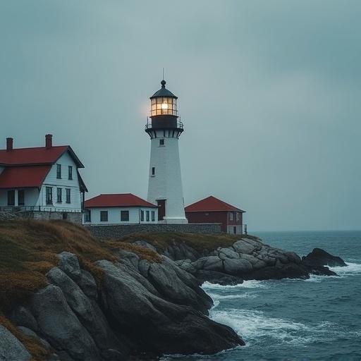 A lighthouse stands against a moody sky. The structure is white with a red roof. Waves crash on rocky shores. Overcast weather creates a serene atmosphere.