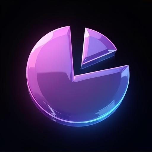 3D render of a pie chart icon with a purple and blue gradient glassy effect. The image is clean without blur. The pie chart is isolated on a black background.