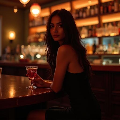 In a dimly lit bar a young Indian woman in a chic black dress sits elegantly at the counter. Warm ambient light casts soft shadows highlighting her poised demeanor as she holds a drink.