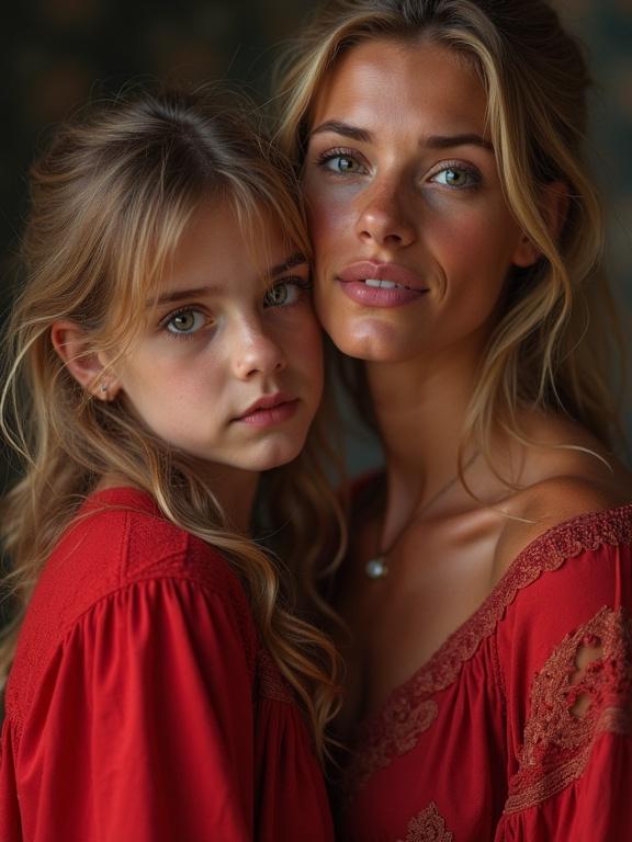 A close-up portrait featuring a woman and a girl. Both have blue eyes and are wearing red outfits. The background is soft and out of focus. They exhibit warmth and connection.