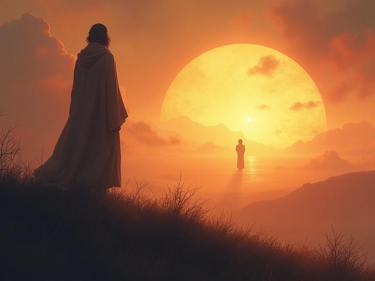 Enoch stands on a hill and looks toward a glowing horizon. A divine figure appears faintly in the distance. The style is symbolic with ethereal colors. The image has a 9:16 aspect ratio.