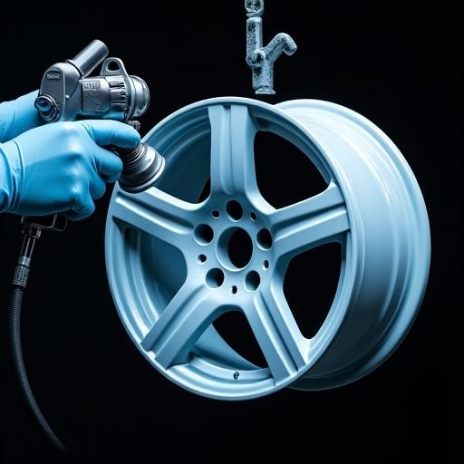 Photorealistic depiction featuring a gloved hand using a Gema powder coat gun. Bright blue powder is being sprayed onto a white car rim. The rim hangs from an industrial metal hook. A black background creates a striking contrast. Image demonstrates high detail and sharp focus with 8k resolution.