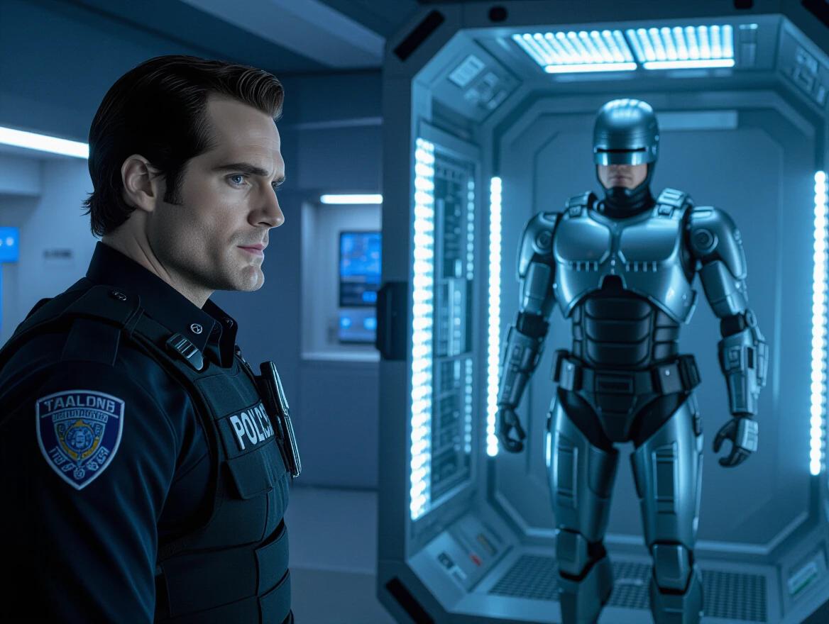 Multiple images show a police officer in a high-tech conversion chamber being transformed and reprogrammed into RoboCop. Live action and photographic qualities are present. The atmosphere is futuristic.
