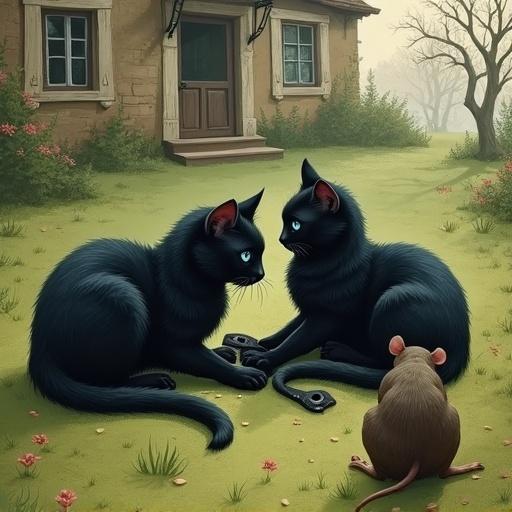 An illustration depicting two black cats with blue eyes lying on a lawn. The cats are entangled and fighting over black stockings. A rat is seen from behind, observing the scene. The background features an old house.