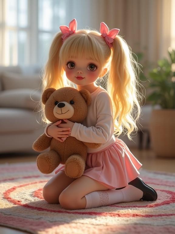 A teen with long blonde lush twin tails and pink bows kneels on colorful rug. She’s wearing short crop top and pale pink skirt. Thigh-high socks with lace detail and simple black shoes. Beautiful face. Hugging teddy bear.