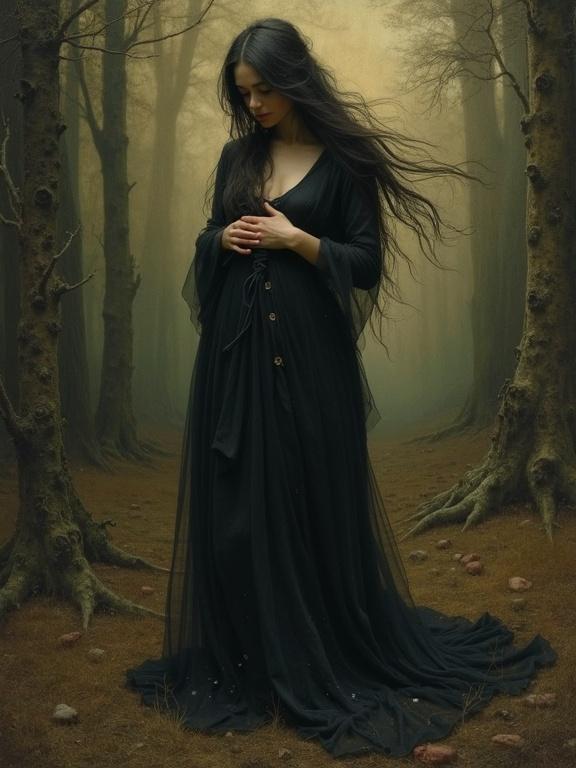 Artistic bodyscape in Pre-Raphaelite style featuring mystical elements and dark oil paint creating an earthy atmosphere in a forest setting.