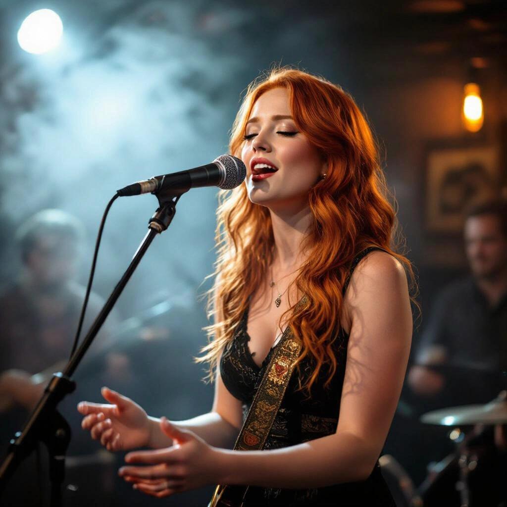 Red-haired woman singing passionately on a dark smoky pub stage. Wide shot captures the full scene.