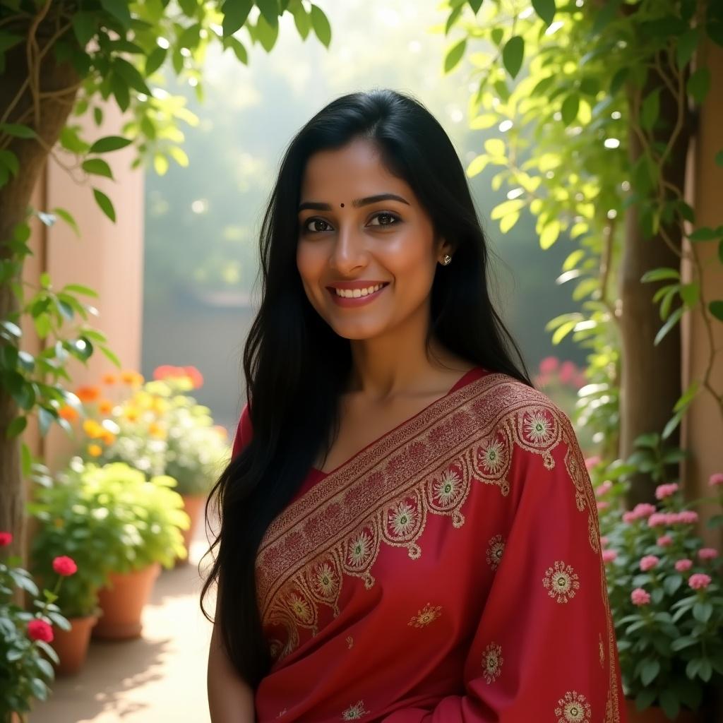 A woman is wearing a bright red sari. Surrounded by a vibrant flower garden. Soft natural lighting enhances the scene. The focus is on her attire and the lush greenery.