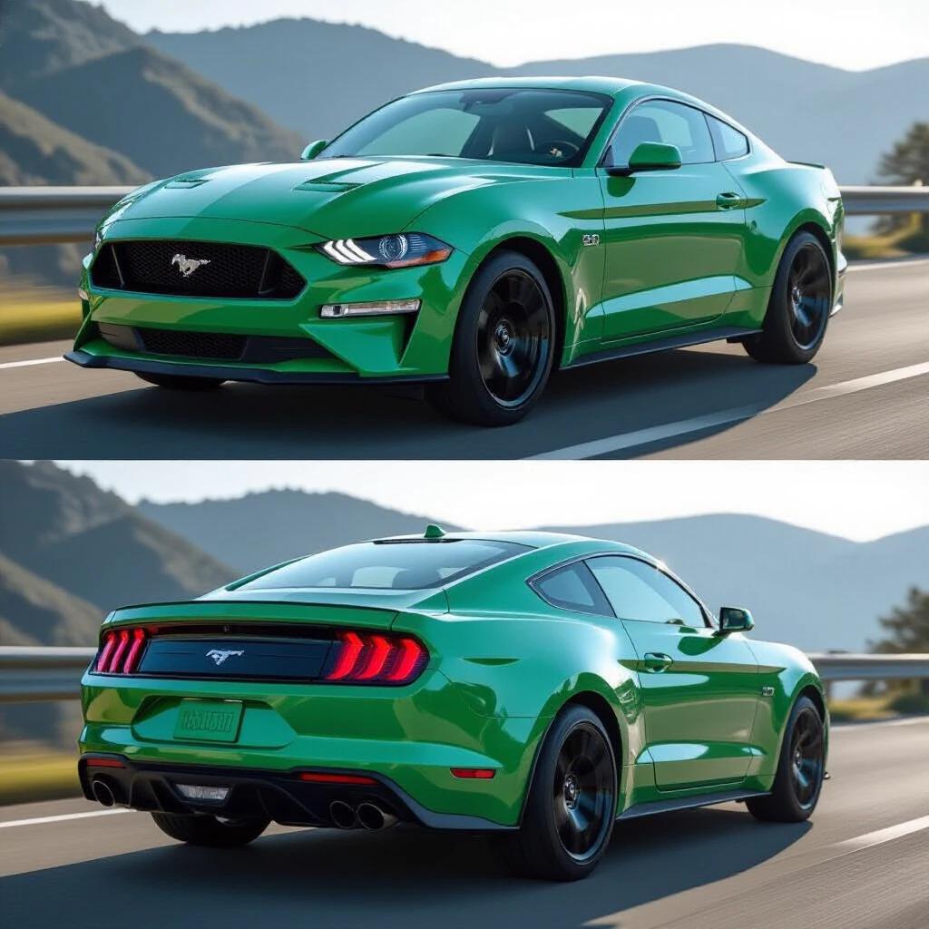 Image of a 2020 Ford Mustang GT in a striking green color. The image shows the car in motion on a highway with a scenic background. Captivating angles highlight the car's sporty design and performance features.