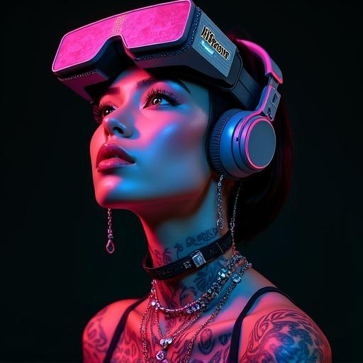 A young cyberpunk woman displays a wonderous expression against a black background. Features include large futuristic eyes, colorful makeup, and silver jewelry. Includes tattoos and cybernetic implants. Wears grey headphones and black AR glasses. A large pixel font UI window says 'HiDream' above her. Surrounded by 3D holograms in pink, mint green, and cyan. The scene is lit dramatically with mint green and purple light. Dark background with bokeh effect.