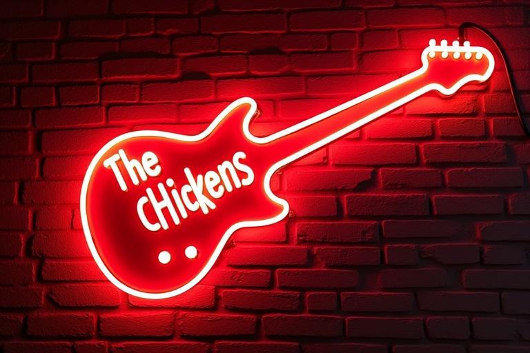 Guitar-shaped neon sign that reads The Chickenns. Sign hangs on a dark brick wall. Bright red neon glow emphasizes the text.