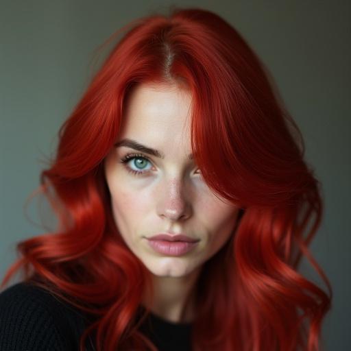 Close-up portrait of a woman with striking red hair and green eyes. She has soft makeup, a neutral expression, and a grey background. Hair is long and wavy, framing her face elegantly.