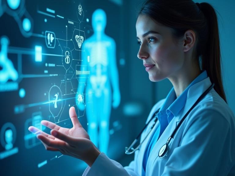 Medical professional interacts with holographic AI interfaces featuring health symbols and human anatomy. Soft blue tones create a futuristic atmosphere. Dynamic lighting emphasizes innovation in healthcare technology.