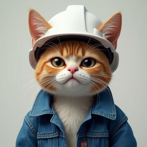 Semi-realistic cat with a smug look. Half-lidded eyes and confident smirk. Cat wears a white hard hat and blue work jacket. No blank face or low detail.