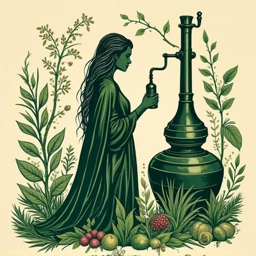A woman in a vibrant gown stands next to a modern copper still in an alchemist distillery. She holds a liqueur-bottle. Her long hair cascades down, adorned with nature-inspired jewelry. The background is beige with a minimalistic style, bold lines, and forest green colors. Surrounded by wild fruits, herbs, and flowers. The phrase 'Genuss aus dem Garten der Natur - wild und besonders' is included.