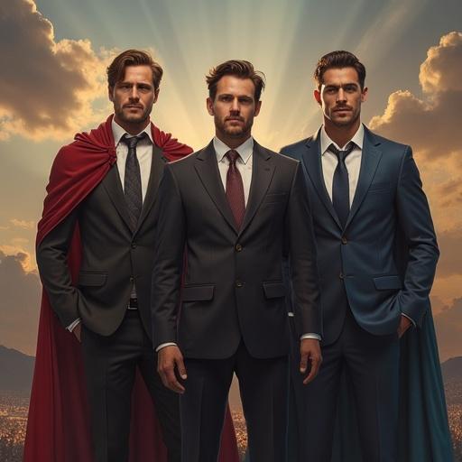 Three powerful men standing with confidence. One in a red cape and sleek dark suits. Dramatic background with rays of light behind them.
