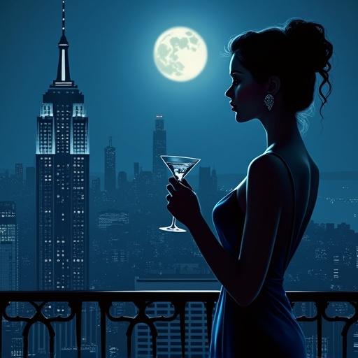 Night scene from a penthouse balcony. Woman in a silk gown holds a martini. Gazes across the city skyline with Art Deco buildings. Moonlight creates a silhouette. Imbued with jazz age elegance.