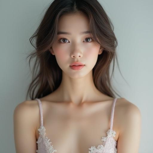 Photo-realistic image of a Korean woman with soft features and long hair. She wears a delicate lace accessory. Soft lighting highlights her natural beauty.