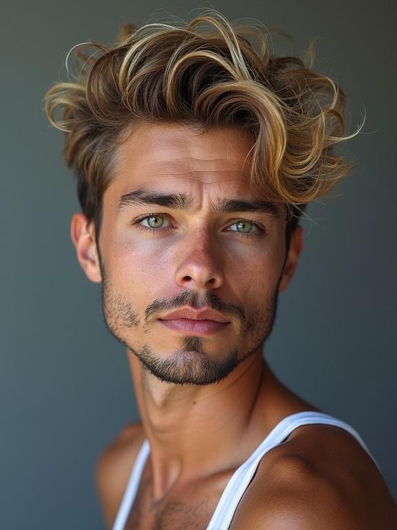 Close-up portrait of a young man with tousled hair. Captivating gaze and slight smile. Focus on facial features and expression. Neutral background.