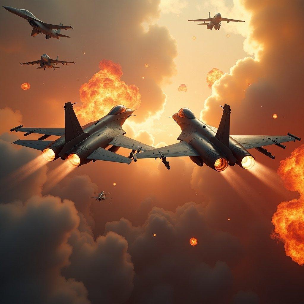 Dramatic scene of two fighter jets engaging in a duel. Various explosions occur in the background. Smoke and clouds enhance the atmosphere. The jets are prominently displayed with their afterburners ignited.