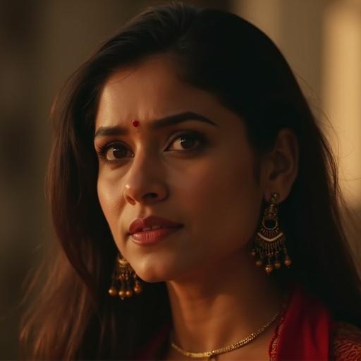 A Bollywood film scene featuring a woman Expressing deep sadness and emotion in a daytime setting.