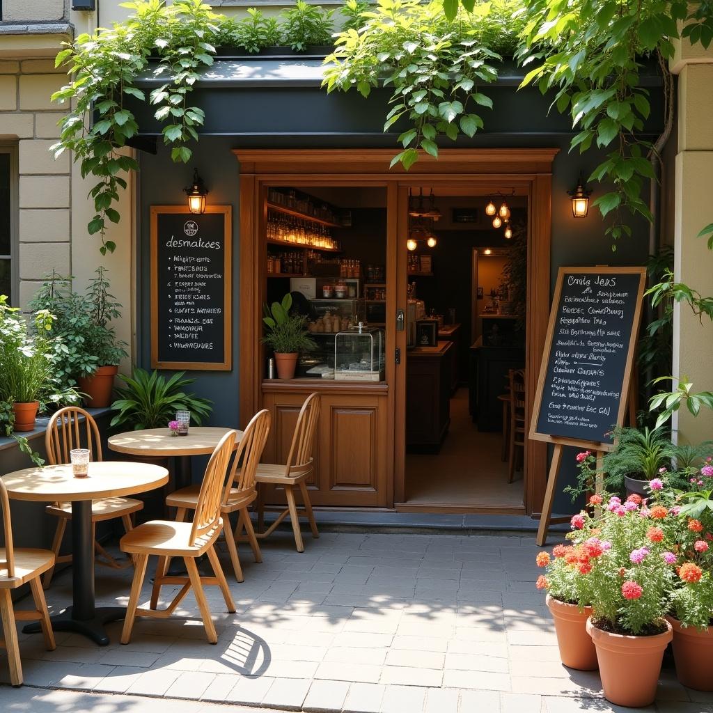 This image depicts a charming small coffee shop from the outside. The shop features an inviting wooden entrance flanked by lush greenery and flower pots. Outdoor seating is arranged with simple wooden tables and chairs, perfect for customers to enjoy their drinks. The menu boards display various offerings, enticing passersby to step inside. The atmosphere is warm and welcoming, suggesting a cozy spot for both locals and tourists to relax with a cup of coffee.