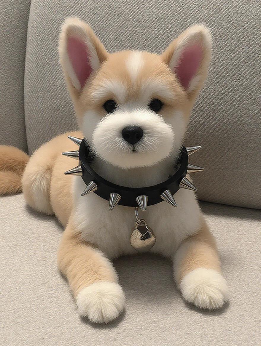 A plush dog wearing a black spike collar rests on a light-colored surface. The dog has a cream and tan fur pattern and a chain with a heart-shaped lock around its neck.