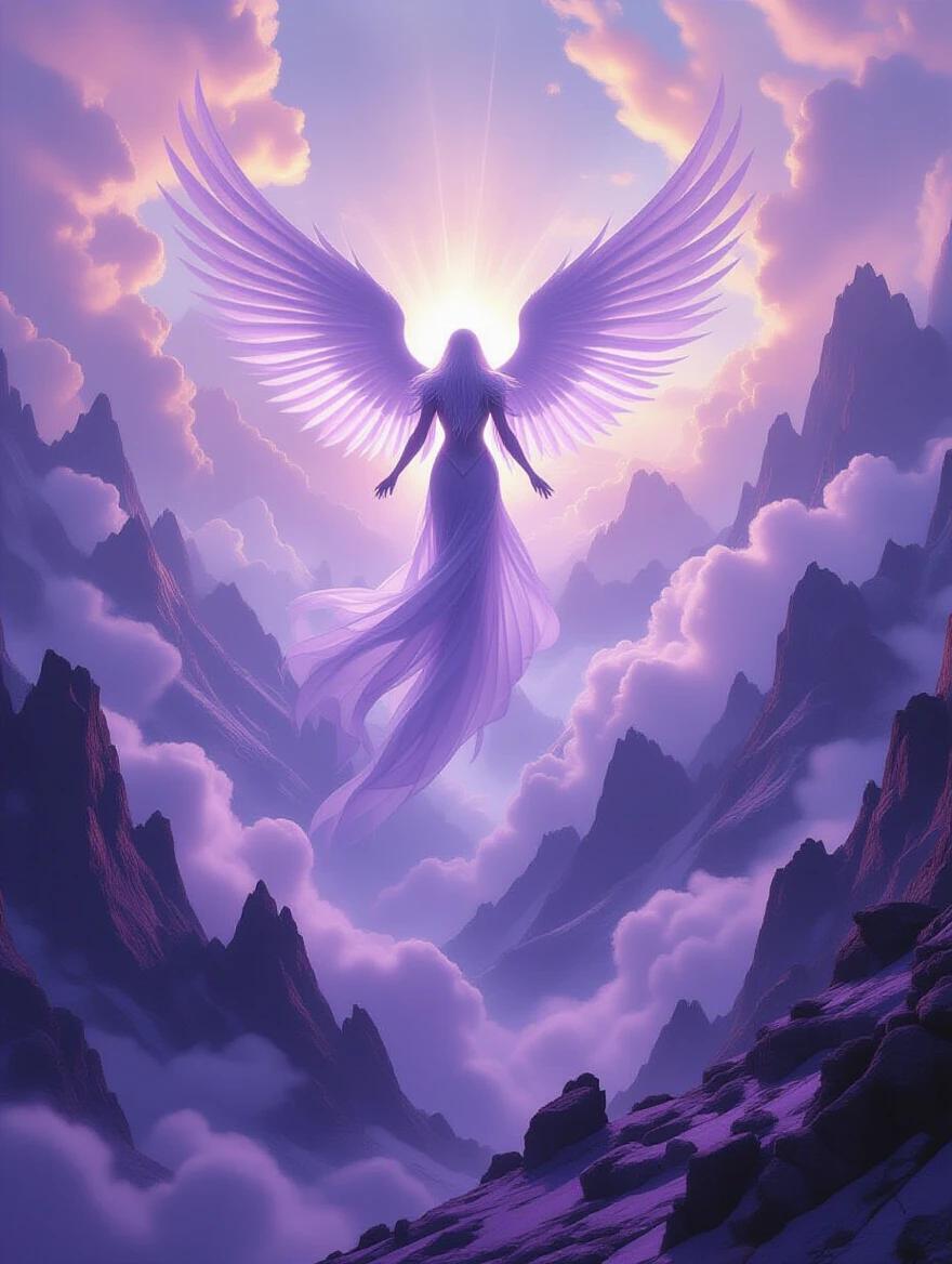 Masterpiece and ultra detailed angel emerges from iridescent smoke. Glows from within while descending into amethyst purple mountains. Aerial perspective overlooks cracked lavender earth with black accents. Features intricate textures and a chiseled form. Presents a glorious and majestic presence with cinematic lighting and symmetrical composition. Shows atmospheric depth of field in a fantasy illustration style reminiscent of Luis Royo and Boris Vallejo. Evokes a grand and magnificent feel with ethereal aura.