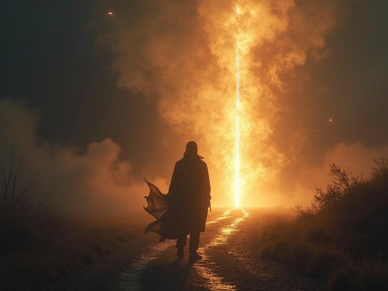 Enoch at a crossroads facing two distinct paths. One path is chaotic and dark; the other path is illuminated by divine light. The scene has symbolic elements with warm and cool color contrasts. The image is in a 9:16 aspect ratio.