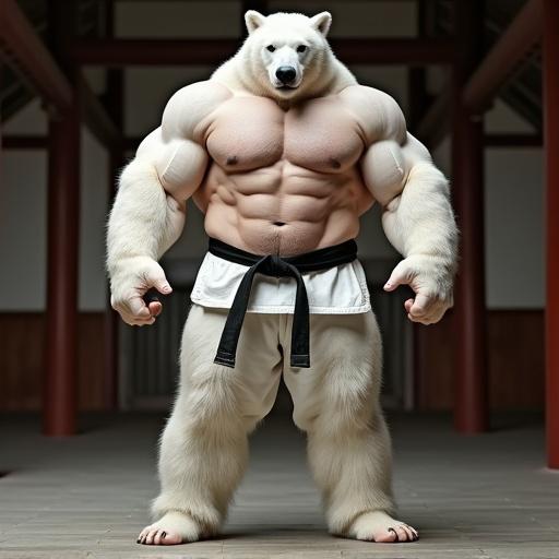 Huge strong muscular bodybuilder with polar bear head. Wearing judo gi and black belt. Barechested with large muscular pecs and abs. Thick muscular feet and ankles. Standing barefoot in traditional dojo.