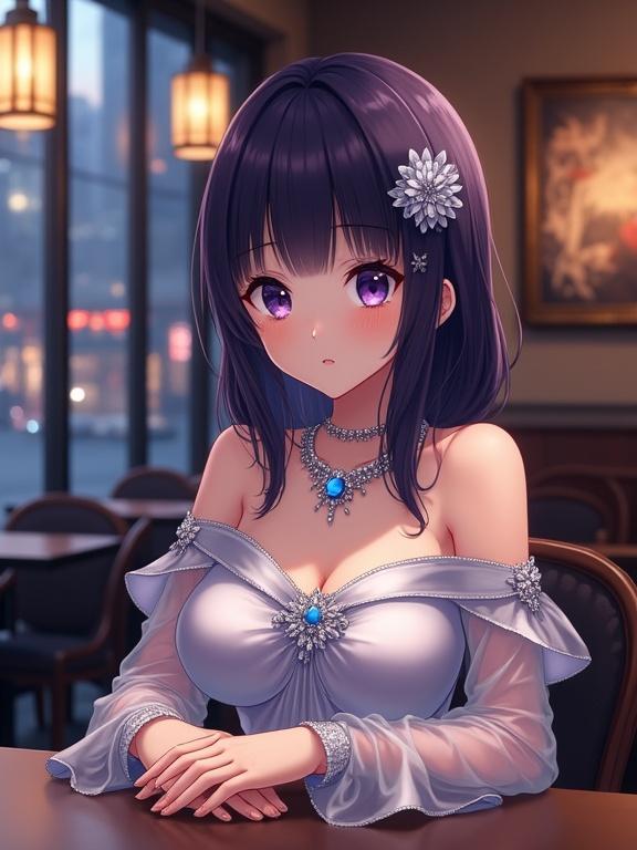 Anime lady with dark violet hair and eyes sits at a table. She wears a silver off-the-shoulder gown with sheer sleeves. A floral kanzashi decorates her hair. She has a blue gem necklace. The restaurant has warm lighting and a city view at dusk.