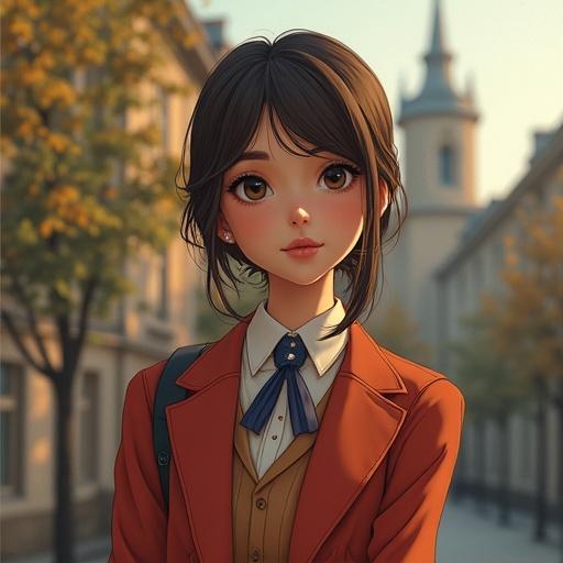 A young female Oxford student in Ghibli animation style. She has long dark hair, big eyes, and a stylish outfit including a blazer and a tie amongst a city background.