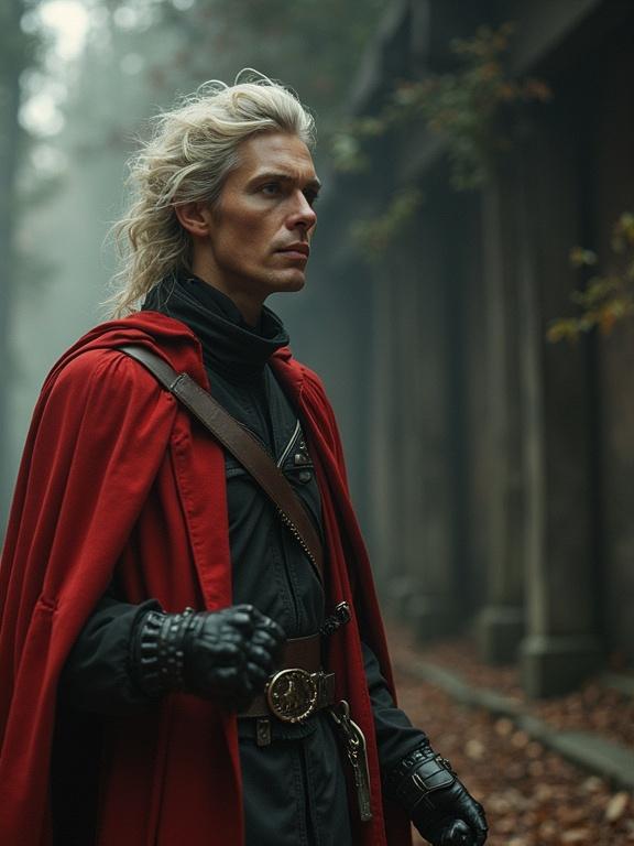 Artistic portrayal of a fantasy character in a cinematic setting. The character wears a striking red cloak with intricate details. The background showcases a misty forest with muted colors and a sense of depth.