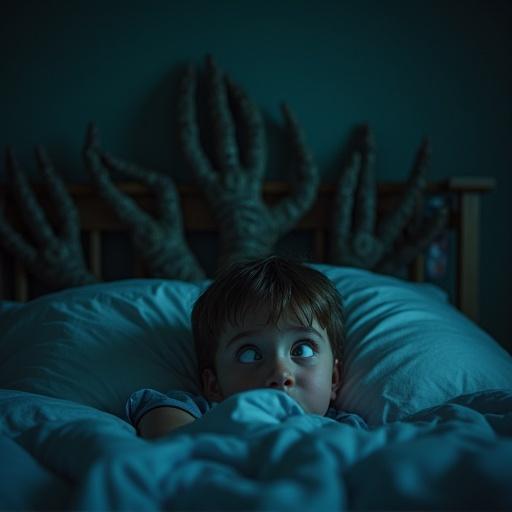 Boy lying in bed with wide eyes showing fear. Behind the headboard, a scaly claw with six fingers is slowly rising. A night light is visible by the bedroom door, creating a contrasting glow in the dark room.