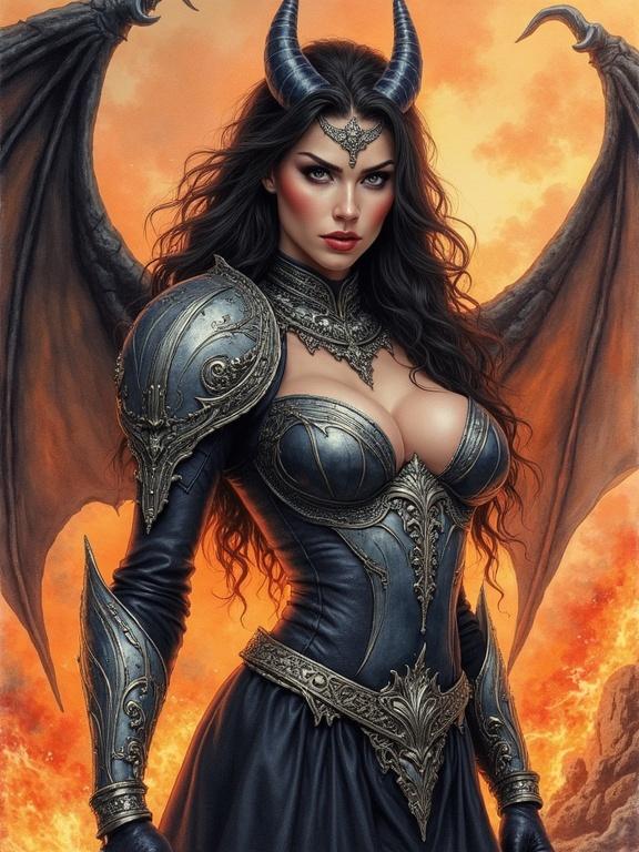 Evil goddess in watercolors showcases upper body. Features dramatic pose of an arrogant diva with flirty expression. Masterpiece quality with details and expressive eyes. She has a perfect face and dramatic makeup. Dynamic pose reflects her warrior essence. Majestic presence amidst fiery volcanic landscape. Represents a powerful woman in ornate battle armor imbued with dark magic.