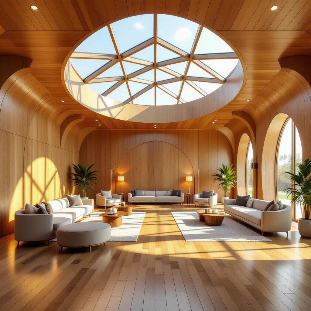 Spacious indoor multipurpose hall features smooth wooden flooring and curved wooden walls. Geometric skylight allows sunlight to flood in. Elegant architectural design enhances ambiance. Luxurious modern sofas and lounge chairs are arranged sparsely. Minimal but tasteful decor creates clean aesthetic. Large open space ideal for events or gatherings. Welcoming and upscale atmosphere captures attention. Photorealistic interior renders to perfection.