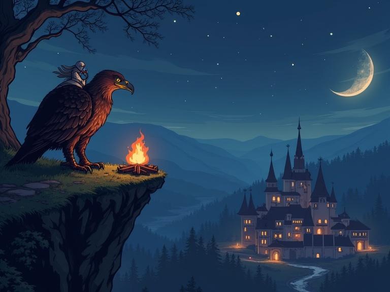 Handsome bard NPC character beside a sleeping giant eagle. Bard plays Bansuri while sitting on a cliff. Medieval town seen in the background. Night setting with a bonfire. Pixel game style illustration.