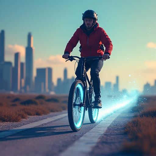 Solo adventurer cycling from city gaining digital wings with blockchain light flowing from tires creating a trail. Soft, futuristic colors and clean composition for emotional impact.