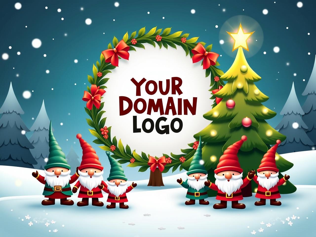 The image depicts a whimsical winter scene filled with holiday cheer. There are several cheerful gnomes dressed in colorful outfits, standing in front of a beautifully decorated Christmas tree. The tree is adorned with ornaments and twinkling lights, with a shining star on top. A circular area in the center features the text "YOUR DOMAIN LOGO" framed by festive greenery and flowers. The background is a snowy landscape, adding to the magical holiday atmosphere. The overall color palette is vibrant, filled with blues, reds, and greens, embodying a joyful Christmas spirit.