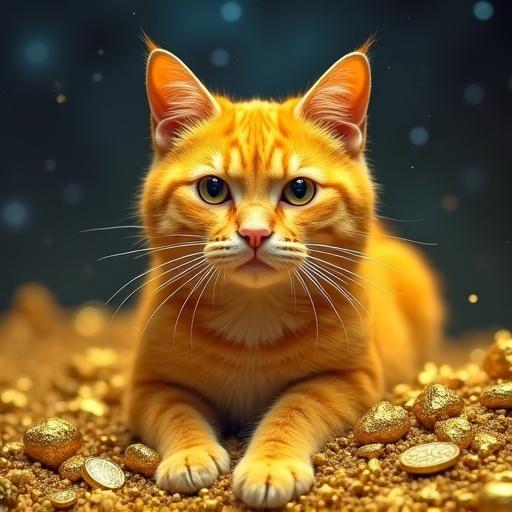 Meme coin theme features a yellow cat. The cat has a serious face. Surrounding the cat are gold nuggets. The background is a space scene with stars and cosmic elements.
